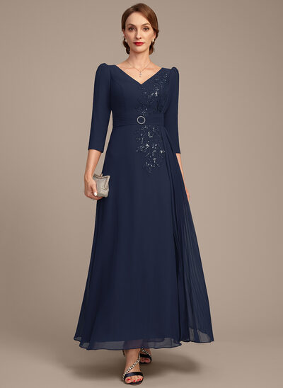 A-линии V шеи Длина по щиколотку кружевной Шифон Платье Для Матери Невесты с Плиссированный блестки 