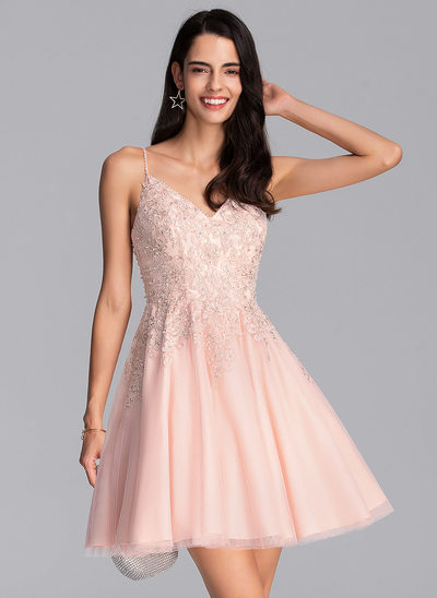 A-Line V-neck Short/Mini Tulle Homecoming Dress With Beading Sequins 
