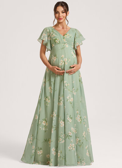 A-line V-Neck Floor-Length Chiffon Maternity Dresses With Ruffle 