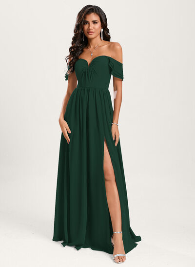 A-line Off the Shoulder Ruffle Chiffon Dress