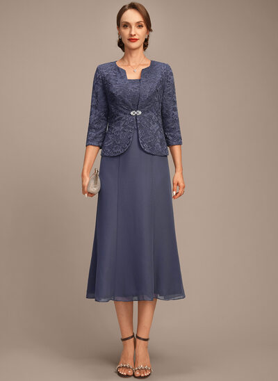 A-line Square Tea-Length Lace Chiffon Mother of the Bride Dress 