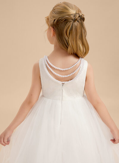 A-linja pyöreä kaula-aukko lattiaa hipova pituus pitsi tylli kukka tyttö mekot jossa helmikoristelu 