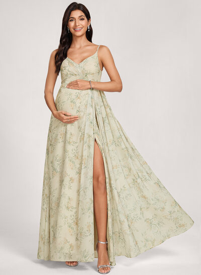 Kjole med A-linje V-hals Gulvlængde Chiffon Graviditetskjoler med Plisseret 