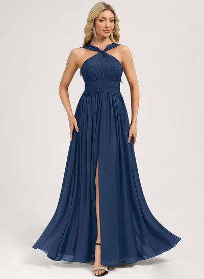 Robe de demoiselle d'honneur trapèze col v longueur ras du sol mousseline avec volants 