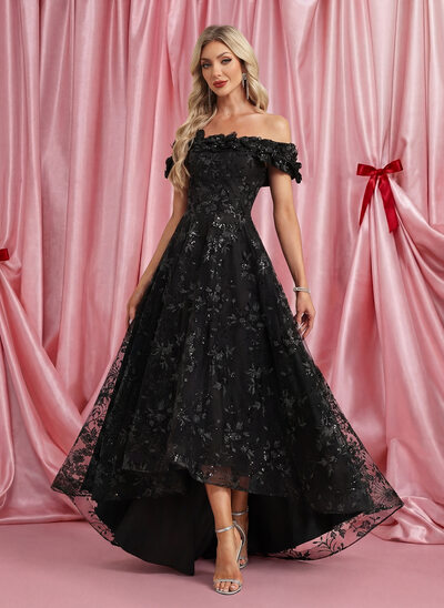 A-line kjole Skulderfri Asymmetrisk Gulvlengde Tyll Paljett Festkjole med 3D-blomster 