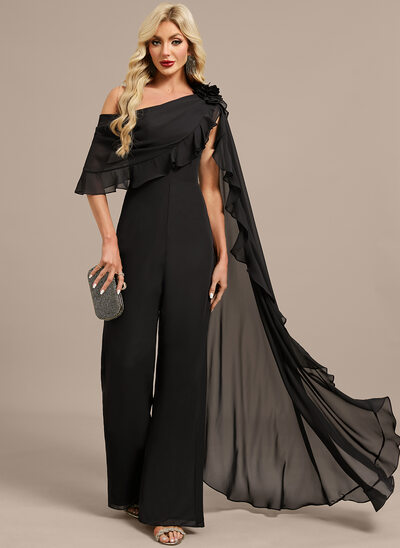 Robe de soirée combinaisons col asymétrique une épaule longueur ras du sol mousseline avec cape fleurs en 3d volants 