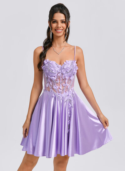 Vestido linha-a decote em coração curto cetim vestido de formatura com beading florais 3d lantejoulas 