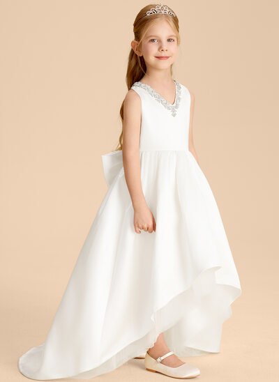 Ball-Gown/Princess V-Neck Asymmetrical Satin Flower Girl Dress With Beading 