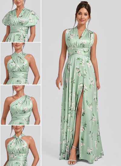 Robe de demoiselle d'honneur trapèze une épaule col v licou longueur ras du sol satin mat 