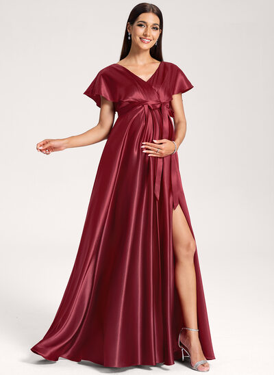 A-Linien-Kleid V-Ausschnitt Bodenlang Stretch-Satin Umstandskleider mit Schleife Rüschen 