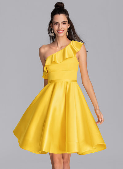 A-Line One-Shoulder Knee-Length Satin Homecoming Dress With Cascading Ruffles 