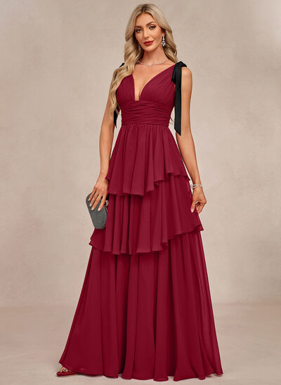 Cascading Ruffles Chiffon Maxi Dress