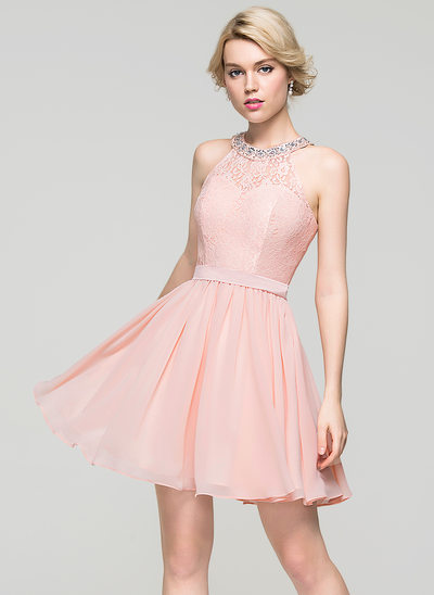 A-Line Scoop Neck Short/Mini Chiffon Homecoming Dress With Beading Sequins Bow(s) 