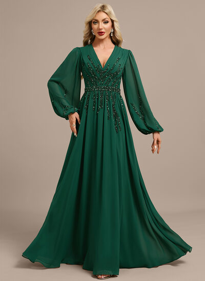 Robe de soirée trapèze col v longueur ras du sol mousseline avec plissée paillettes perlage 