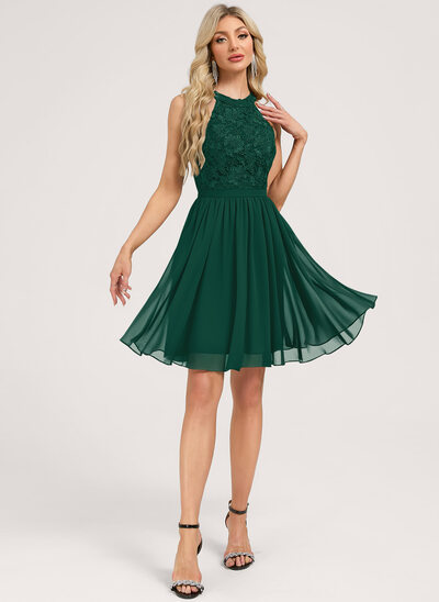 A-line Scoop Knee-Length Lace Chiffon Bridesmaid Dress With Ruffle 