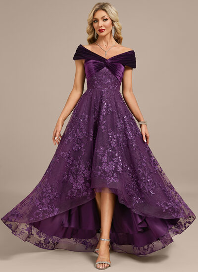 Robe de soirée trapèze épaule dénudée asymétrique velours dentelle avec plissée paillettes 