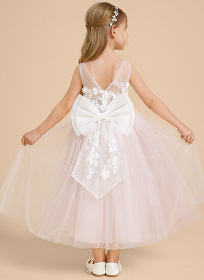A-line Scoop Tea-Length Tulle Lace Flower Girl Dress With Sash 3D Floral Bow 