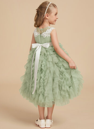 Tanssiaismekot/prinsessa pyöreä kaula-aukko polven alle tylli pitsi kukka tyttö mekot 