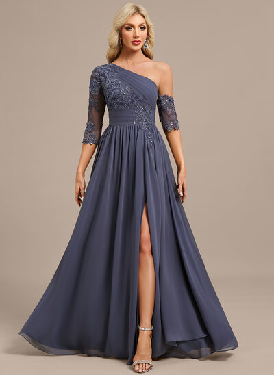 A-line Asymmetrical Floor-Length Lace Chiffon Evening Dress With Pleated Sequins 