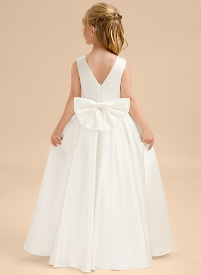 A-linja pyöreä kaula-aukko lattiaa hipova pituus satiini kukka tyttö mekot jossa keula 