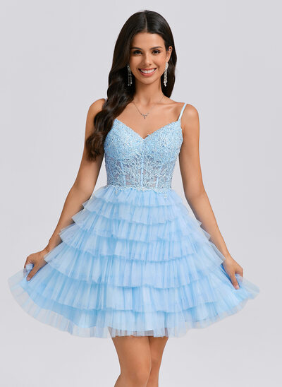 De baile/princesa decote em v curto renda tule vestido de formatura com strass 
