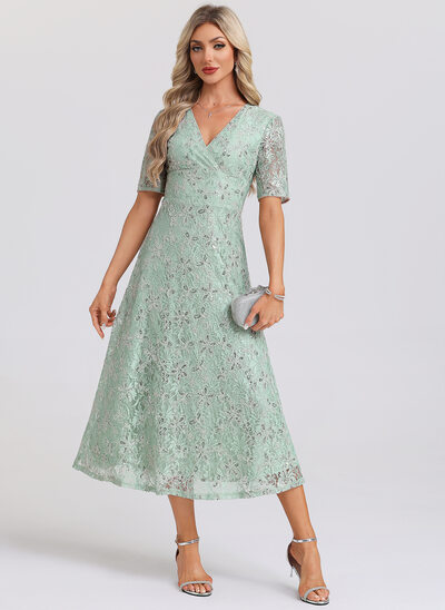 A trapezio scollo a v midi pizzo abito da cocktail con paillettes 