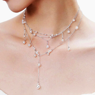 Stacking Tassels Pearl Lariat Necklace Prom Jewelry For Bridesmaid