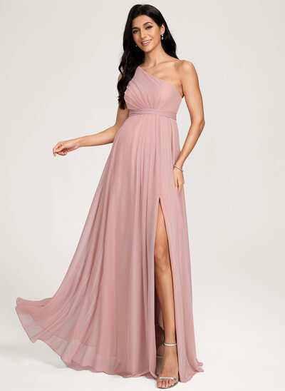 Kjole med A-linje One-Shoulder Gulvlængde Mesh Graviditetskjoler med Flæsekanter 