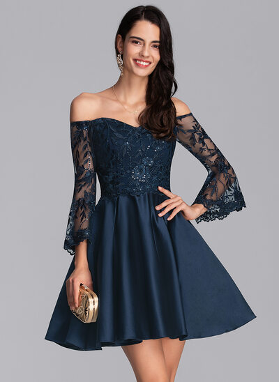 A-Line Off-the-Shoulder Short/Mini Satin Homecoming Dress With Sequins 
