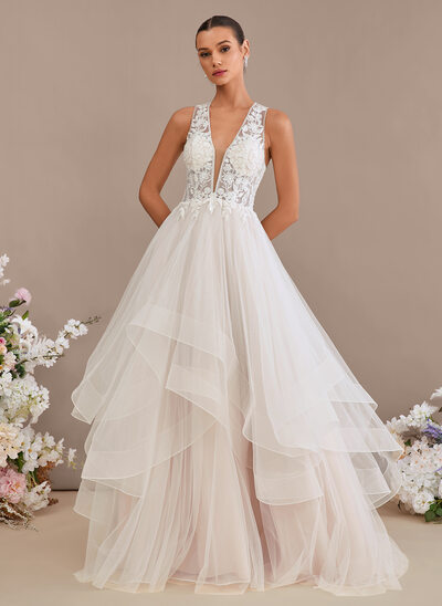 A-line V-Neck Sweep Train Tulle Lace Wedding Dress With Sequins 