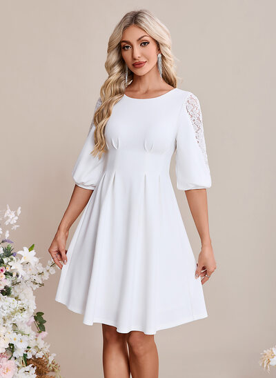A-line Scoop Short Lace Stretch Crepe Wedding Dress 