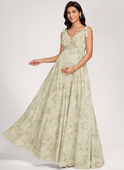 Kjole med A-linje V-hals Gulvlængde Chiffon Graviditetskjoler med Sløjfe Flæsekanter 