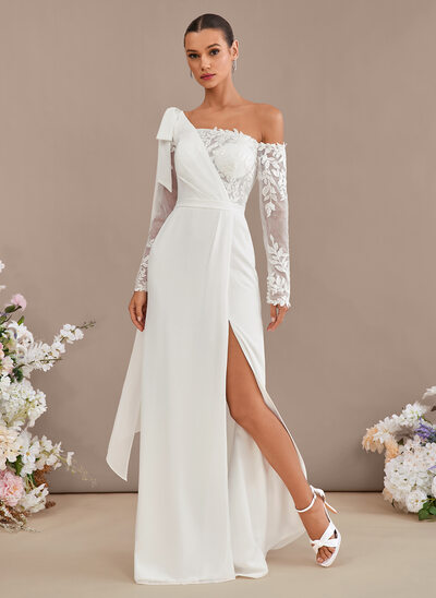 Sheath/Column One Shoulder Sweep Train Lace Chiffon Wedding Dress With Bow Sequins 