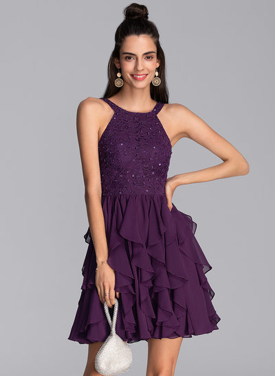 A-Line Scoop Neck Short/Mini Chiffon Homecoming Dress With Beading Sequins 