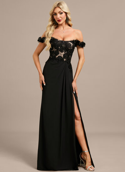 A-line Square Off the Shoulder Floor-Length Chiffon Lace Evening Dress With Beading 3D Floral 