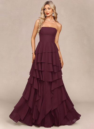 Abiti linea a dritto a terra chiffona abito da sera con pieghe/increspature a cascata 