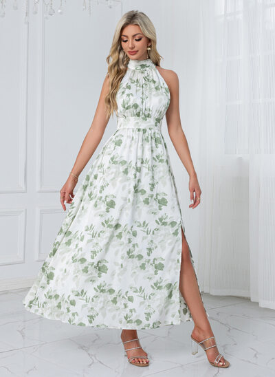 Halter Floral Print Satin Midi Dress