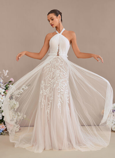 A-line Halter Court Train Lace Tulle Wedding Dress With Beading 