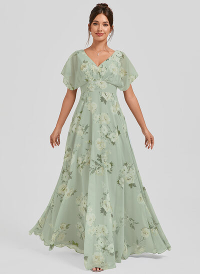 Robe de demoiselle d'honneur trapèze col v longueur ras du sol mousseline 