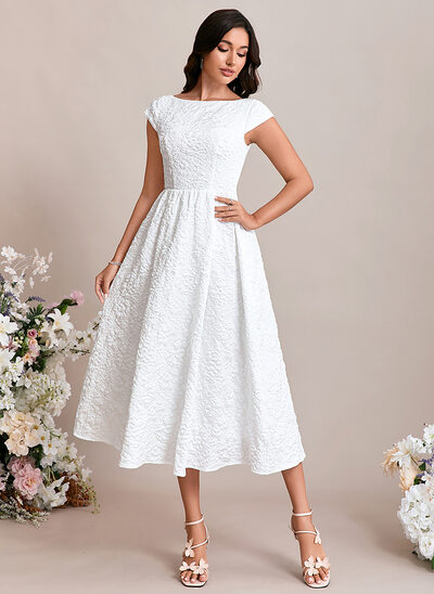 A-line Boat Neck Tea-Length Jacquard Wedding Dress 