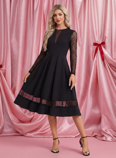 A trapezio effetto illusione scollo rotondo midi tulle crêpe elasticizzato abito da cocktail con plissettato 