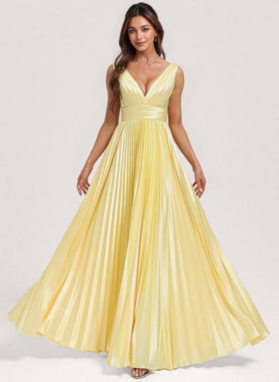 A-line V-Neck Floor-Length Stretch Satin Bridesmaid Dress With Pleated 