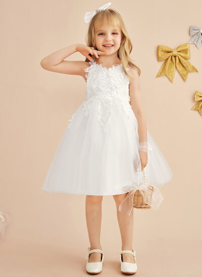 A-line V-Neck Knee-Length Tulle Lace Flower Girl Dress With Bow 3D Floral 