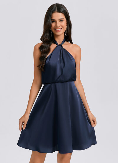 Vestido linha-a frente-única curto cetim fosco vestido de formatura 