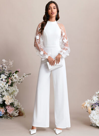 Jumpsuits Scoop Floor-Length Stretch Crepe Wedding Dress With Embroidered 