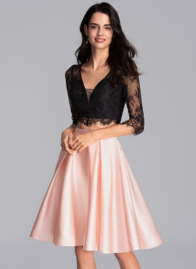 A-Line V-neck Knee-Length Satin Homecoming Dress With Pockets 