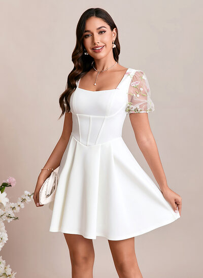 A-line Square Short Jersey Wedding Dress With Embroidered 