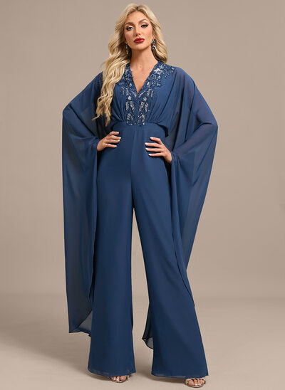 Jumpsuit/Pantsuit V-Neck Floor-Length Chiffon Evening Dress With Pleated Sequins Appliques Lace 
