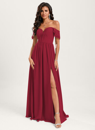 Jurk a-lijn van chiffon met off-shoulder ruches