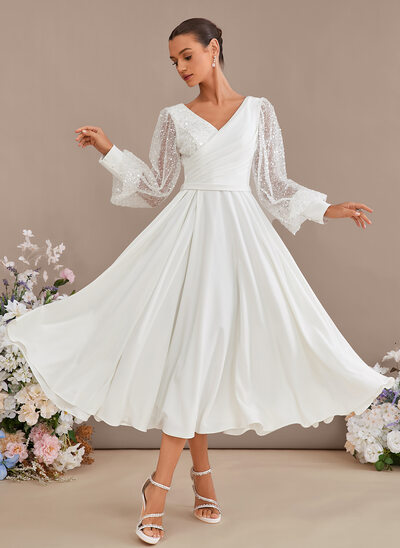A-line V-Neck Tea-Length Stretch Crepe Wedding Dress With Sequins 